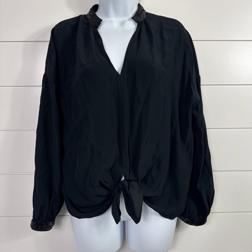 Marie Oliver Tie Front Blouse Long Sleeve Sequin Black sz S